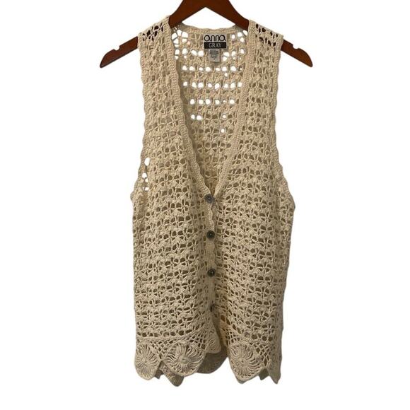 Anna Gray Sweaters - Vintage Sweater Vest Crochet Knit Boho Cream Silk blend-Small